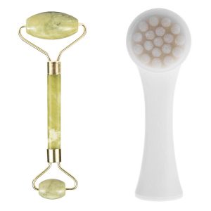 2'li Set Çift Taraflı Cilt Temizleme Fırçası ve Yeşim Taşı Çift Taraflı Cilt Masaj Aleti (5296)