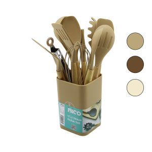 11PCS+KOVA SİLİKON MUTFAK SETİ BAMBU SAP 3-KAŞIK- 3-SPATULA- 1-KEVGİR- 1-KEPÇE- 1-MAŞA- 1-ÇRPC- 1-FRÇ (5296)