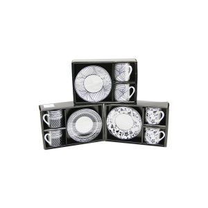 SİYAH - BEYAZ 4PCS=2-TAKIM  PORSELEN KAHVE FİNCANI  ÇİÇEK - ÇİZGİ - NOKTA MİX DESEN (5296)