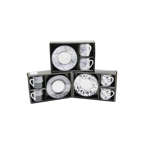 SİYAH - BEYAZ 4PCS=2-TAKIM  PORSELEN KAHVE FİNCANI  ÇİÇEK - ÇİZGİ - NOKTA MİX DESEN (5296)