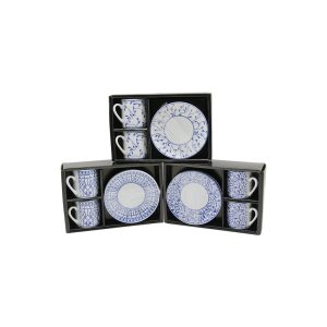 MAVİ - BEYAZ 4PCS=2-TAKIM  PORSELEN KAHVE FİNCANI  ÇİÇEK - ÇİZGİ - NOKTA MİX DESEN (5296)