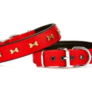 Softlu Metal Kemik Desenli Köpek Tasma 3 cm x 65 cm Kırmızı