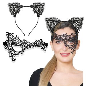 Siyah Renk Dantel Maske ve Dantel Kulak Taç Seti Yetişkin No 13