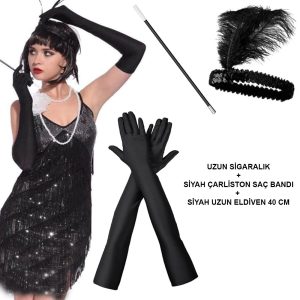 1920'ler Gatsby Aksesuar Seti – Siyah Charleston Saç Bandı, Uzun Eldiven & Sigaralık
