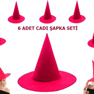 Pembe Fuşya Renk Keçe Cadı Şapkası Yetişkin Çocuk Uyumlu 6 Adet