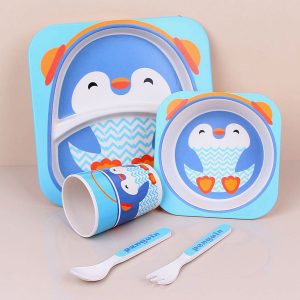 Bambu Fiber Tabldot Çocuk Yemek Tabldot Set 5 Parça - Bölmeli Bardak Çatal Kaşıklı