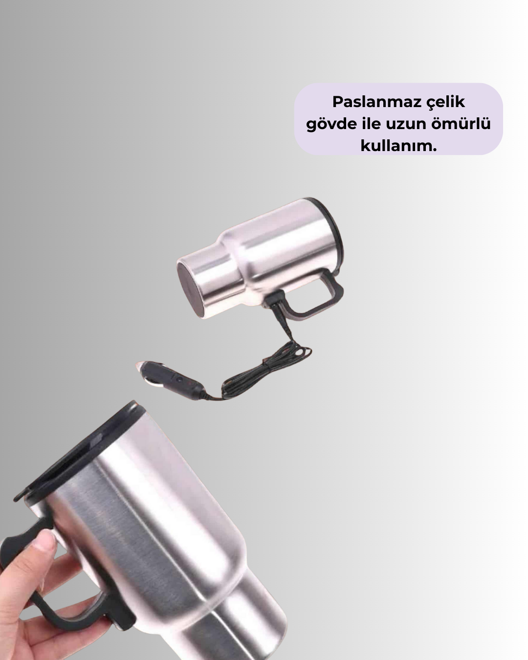 Araç İçi Paslanmaz Çelik Isıtıcı Termos Bardak 12V Çakmak Girişli - Görsel 2