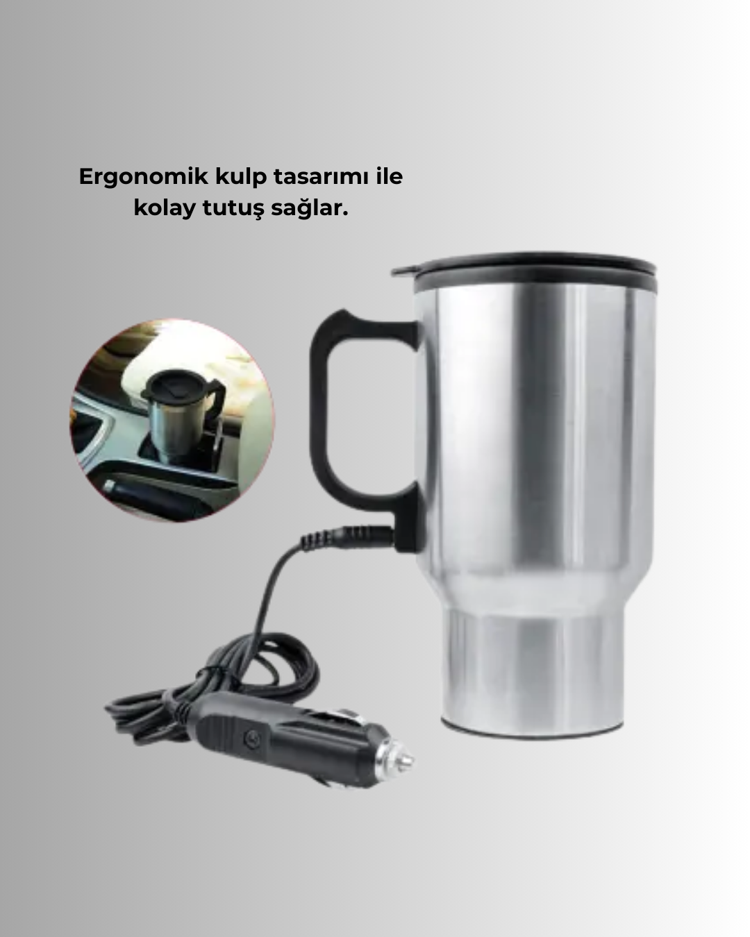 Araç İçi Paslanmaz Çelik Isıtıcı Termos Bardak 12V Çakmak Girişli - Görsel 3
