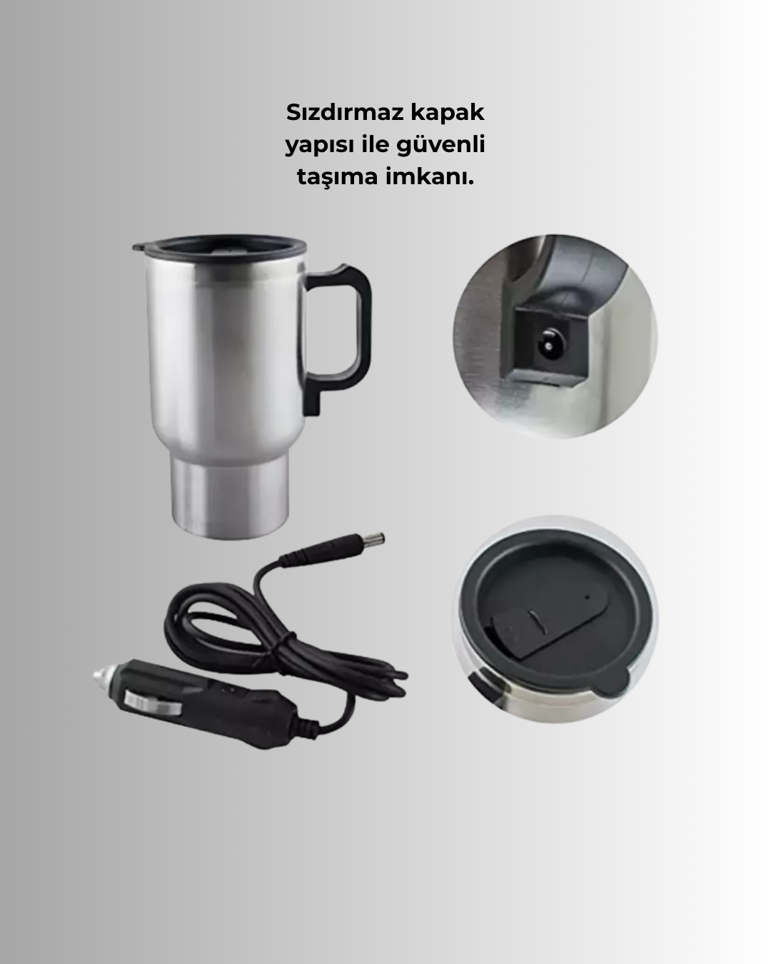 Araç İçi Paslanmaz Çelik Isıtıcı Termos Bardak 12V Çakmak Girişli - Görsel 4