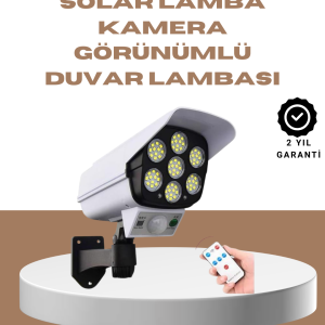 Güneş Enerjili LED Lamba + Güvenlik Kamerası Görünümlü– 5-8 m Hareket Algılamalı, Beyaz Işık