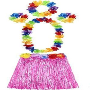 Yetişkin ve Çocuk Uyumlu Luau ha Hawaii Pembe Etek ve Renkli Kolye Taç 2 Adet Bileklik Seti