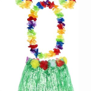 Yetişkin ve Çocuk Uyumlu Luau ha Hawaii Yeşil Etek ve Renkli Kolye Taç 2 Adet Bileklik Seti