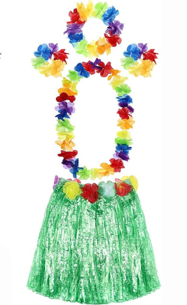 Yetişkin ve Çocuk Uyumlu Luau ha Hawaii Yeşil Etek ve Renkli Kolye Taç 2 Adet Bileklik Seti