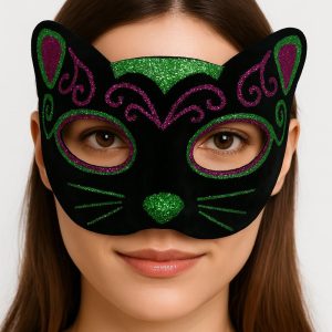 Siyah Kadife Kaplama Üzeri Pembe Yeşil Sim İşlemeli Kedi Maskesi 20x13 cm