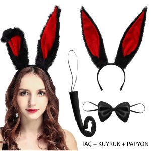 Siyah Kırmızı Renk Peluş Tavşan Kulak Papyon Kuyruk Yetişkin Boy
