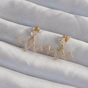 Pirinç Gold Renk Zirkon Taşlı Zikzak Küpe - Lisinya