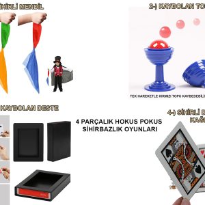 4'lü Sihirbazlık Seti – Hokus Pokus Sihirli Numara Seti-KUPA-MENDİL-DESTE-İSKAMBİL