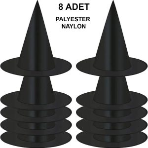8 Adet Siyah Cadı Şapkası – Yetişkin & Çocuk Kostüm Aksesuarı