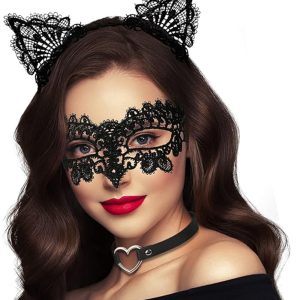 Siyah Renk Dantel Maske ve Dantel Kulak Taç Seti Yetişkin No 10