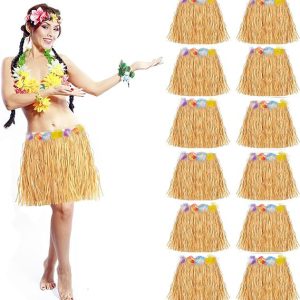 Yetişkin ve Çocuk Uyumlu Saman Renk Hawaii Luau Hula Etek 40 cm 12 Adet - Lisinya